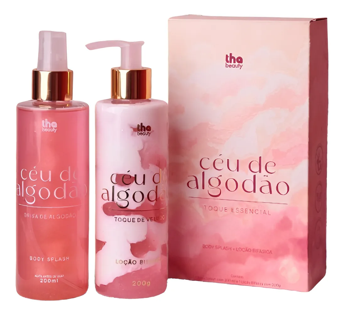 Conjunto de Body Splash e Loção Bifásica céu de algodão em embalagem rosa