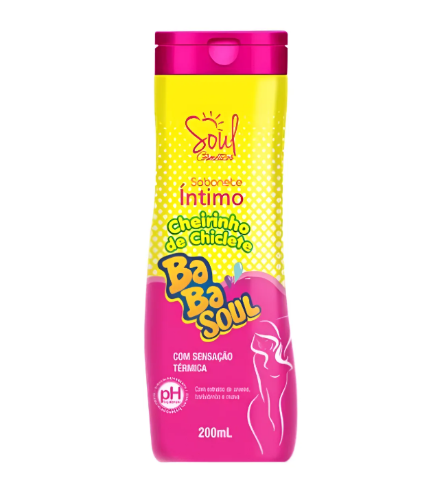 Frasco amarelo e rosa de sabonete íntimo Ba Ba Soul