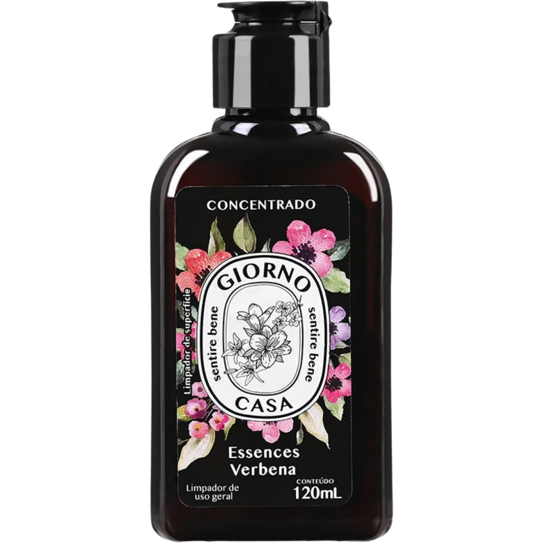 Frasco plástico negro com tampa doseadora e etiqueta floral GIORNO CASA Essences Verbena 120mL