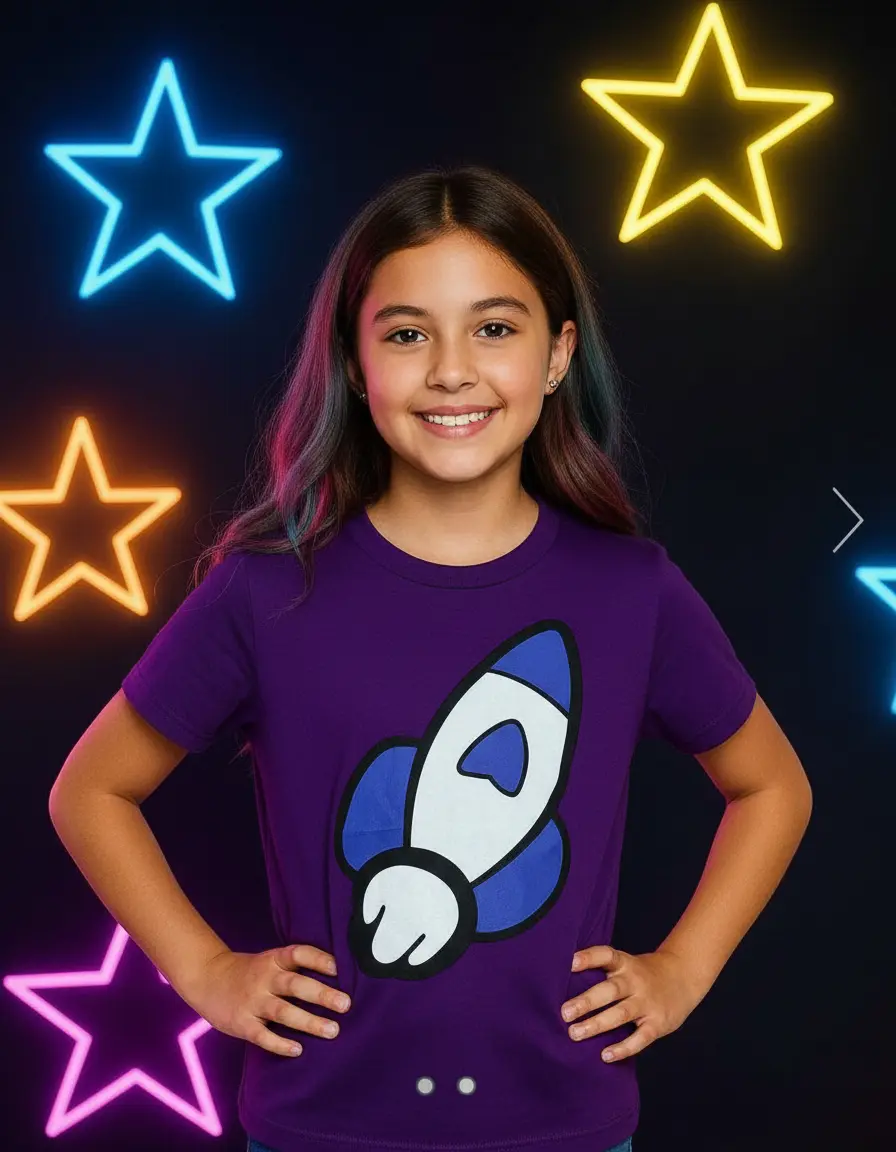Camisola roxa com estampado de foguetão azul e branco usada por menina com fundo de estrelas de néon.