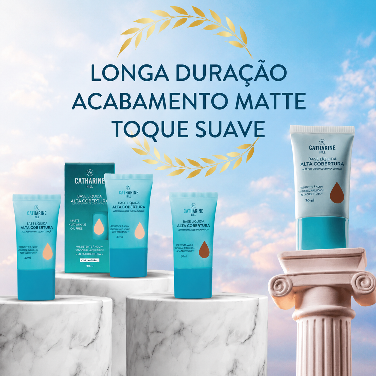 Bases líquidas Catharine Hill azul sobre pilares de mármore com texto promocional e céu azul ao fundo