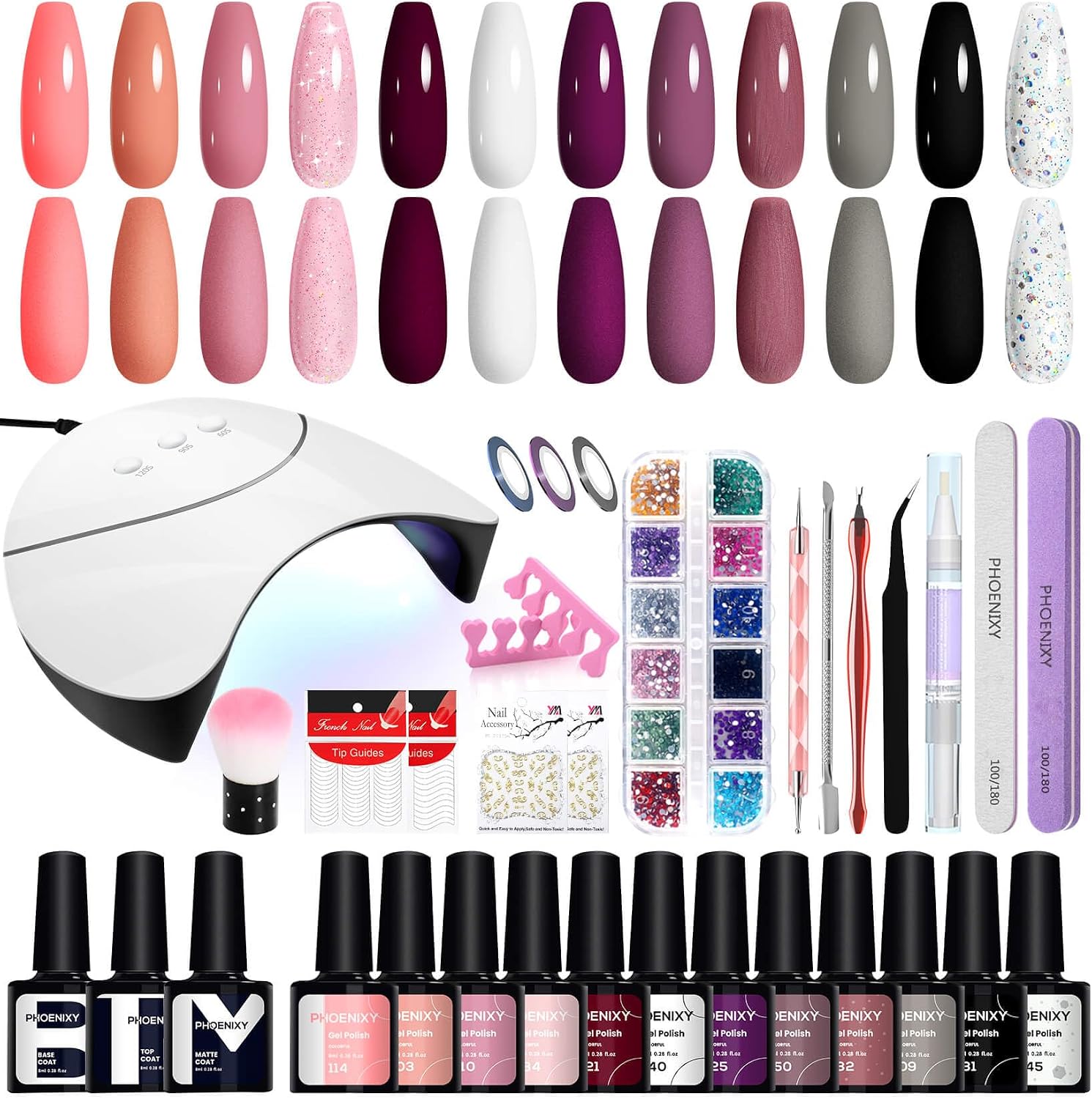 Conjunto de vernizes gel e acessórios para manicure com dispositivo UV branco e diversos itens de manicure.