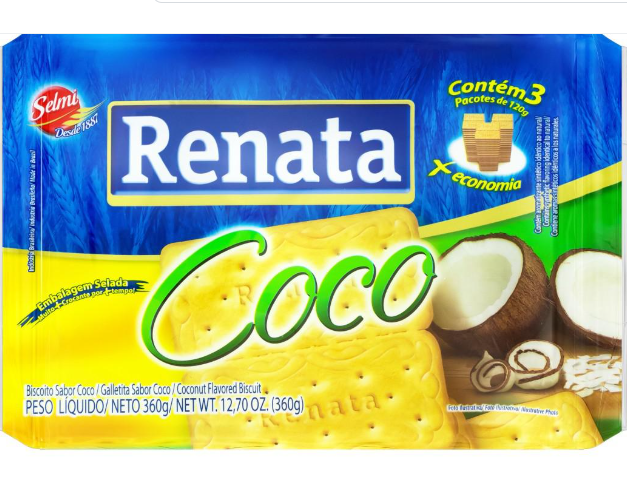 Pacote azul de biscoitos Renata sabor coco com imagens de biscoitos e cocos