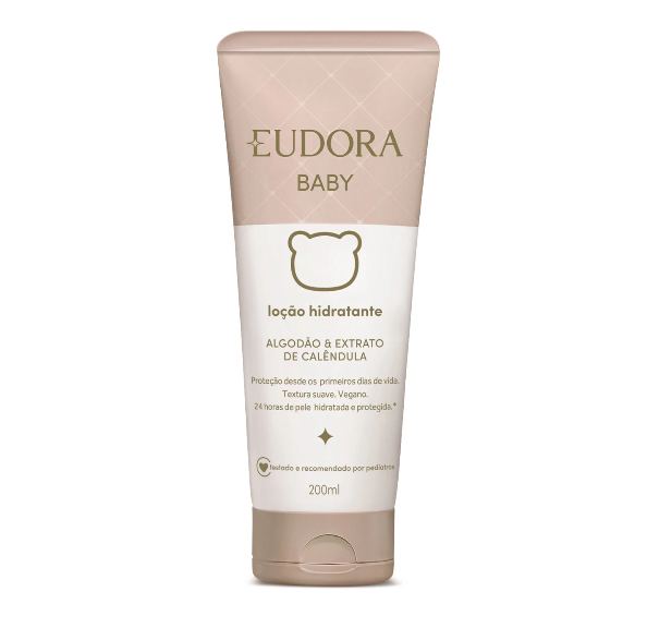 Embalagem de loção hidratante Eudora Baby bege e branca 200ml