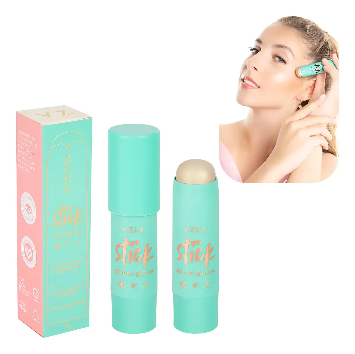 Stick de maquilhagem Vizzela Shine & Glow azul turquesa com letras cor de laranja e dourado