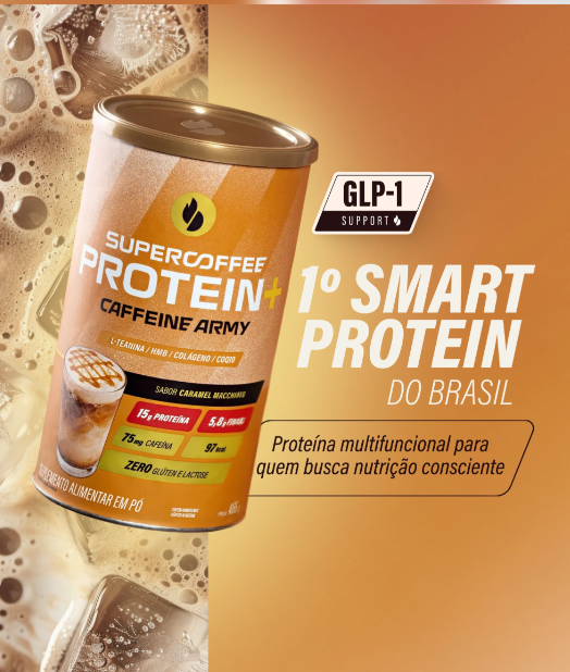 Embalagem do suplemento em pó Supercoffee Protein+ sabor caramelo macchiato com informações nutricionais e texto promocional em português