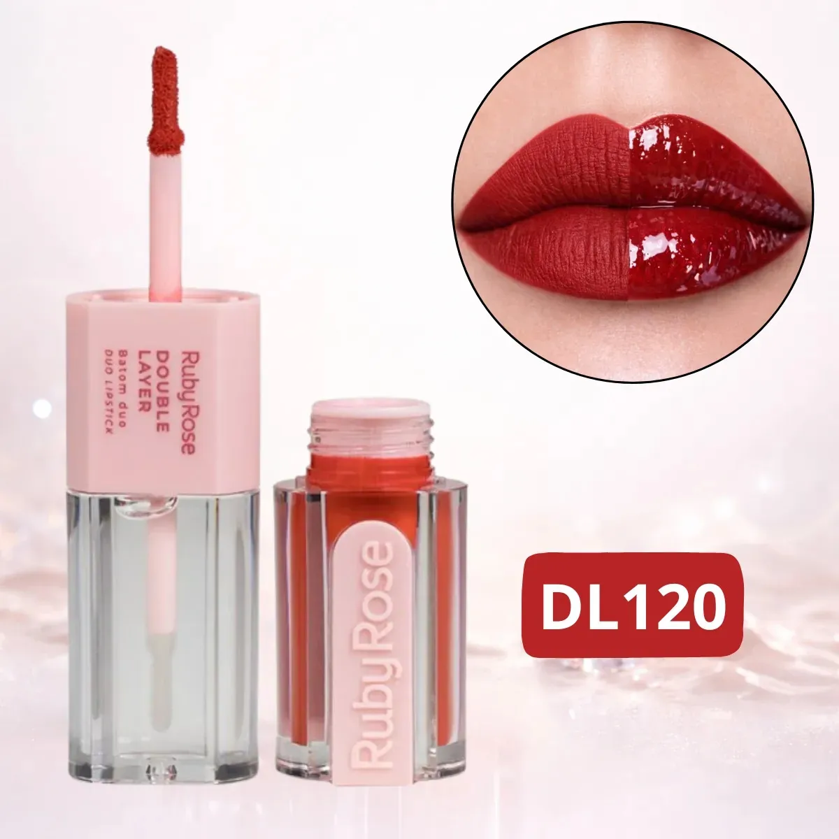 Batom líquido Ruby Rose Double Layer Duo Lipstick vermelho DL120 com aplicação mate e brilhante