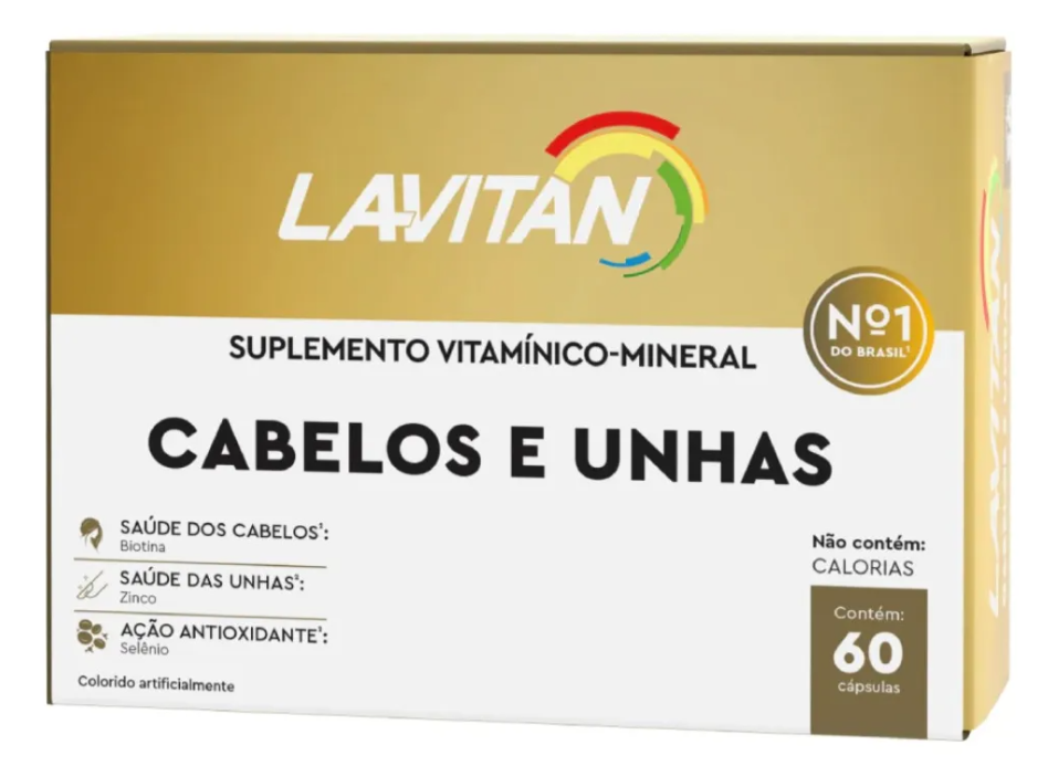 Embalagem de suplemento Lavitan Cabelos e Unhas dourada e branca com texto