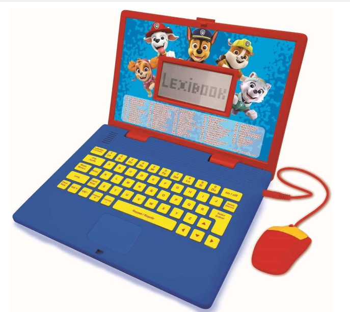 Computador infantil de brinquedo azul com teclado amarelo e rato vermelho e amarelo