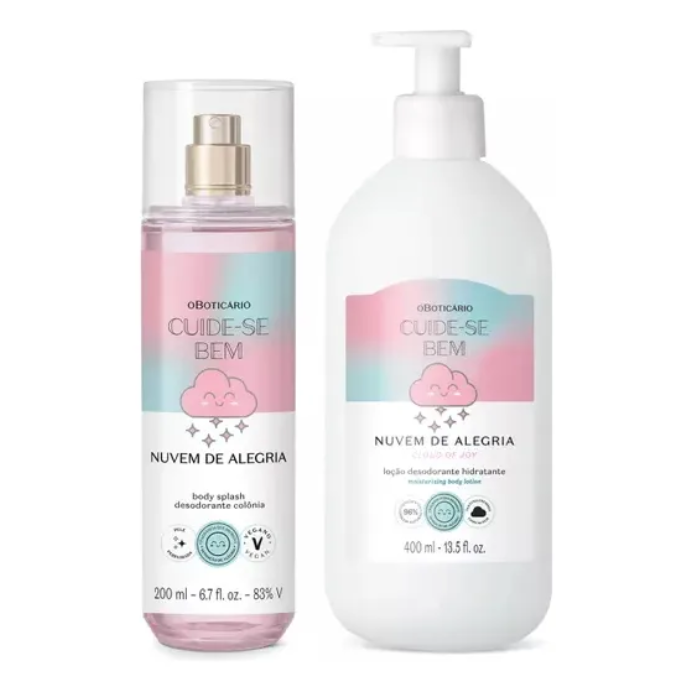 Produtos O Boticário Cuide-se Bem Nuvem de Alegria body splash e loção hidratante
