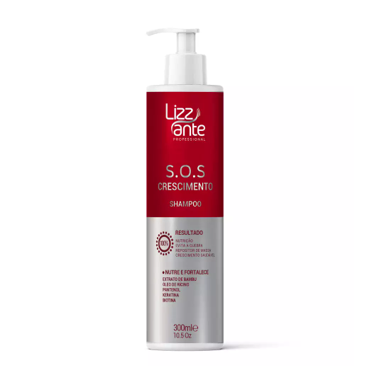 Frasco de champô Lizzante S.O.S Crescimento com doseador vermelho e branco