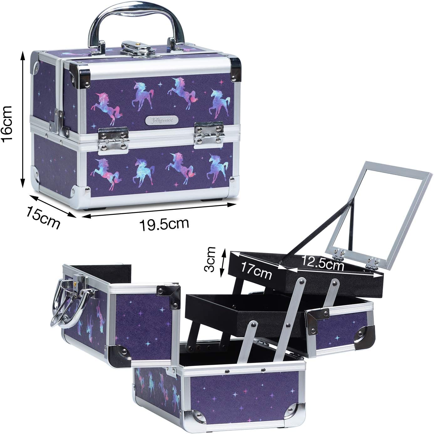 Mala azul escura com padrão de unicórnios e detalhes metálicos prateados