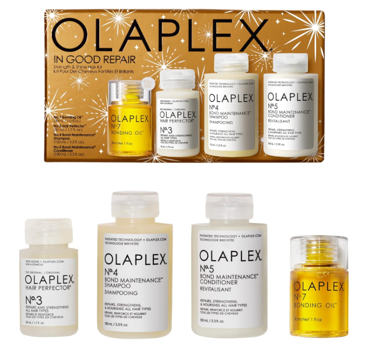 Conjunto OLAPLEX IN GOOD REPAIR com quatro produtos em frascos amarelo e branco numa caixa dourada.