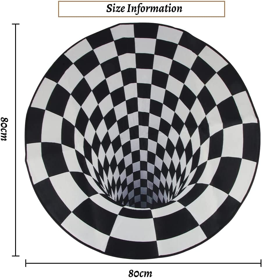 Tapete redondo p&b com padrão quadriculado e ilusão óptica de buraco, 80cm x 80cm.