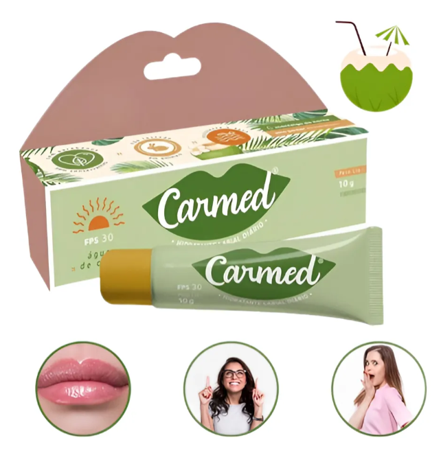 Tubo e caixa do produto Carmed com imagens de lábios e pessoas em fundo branco