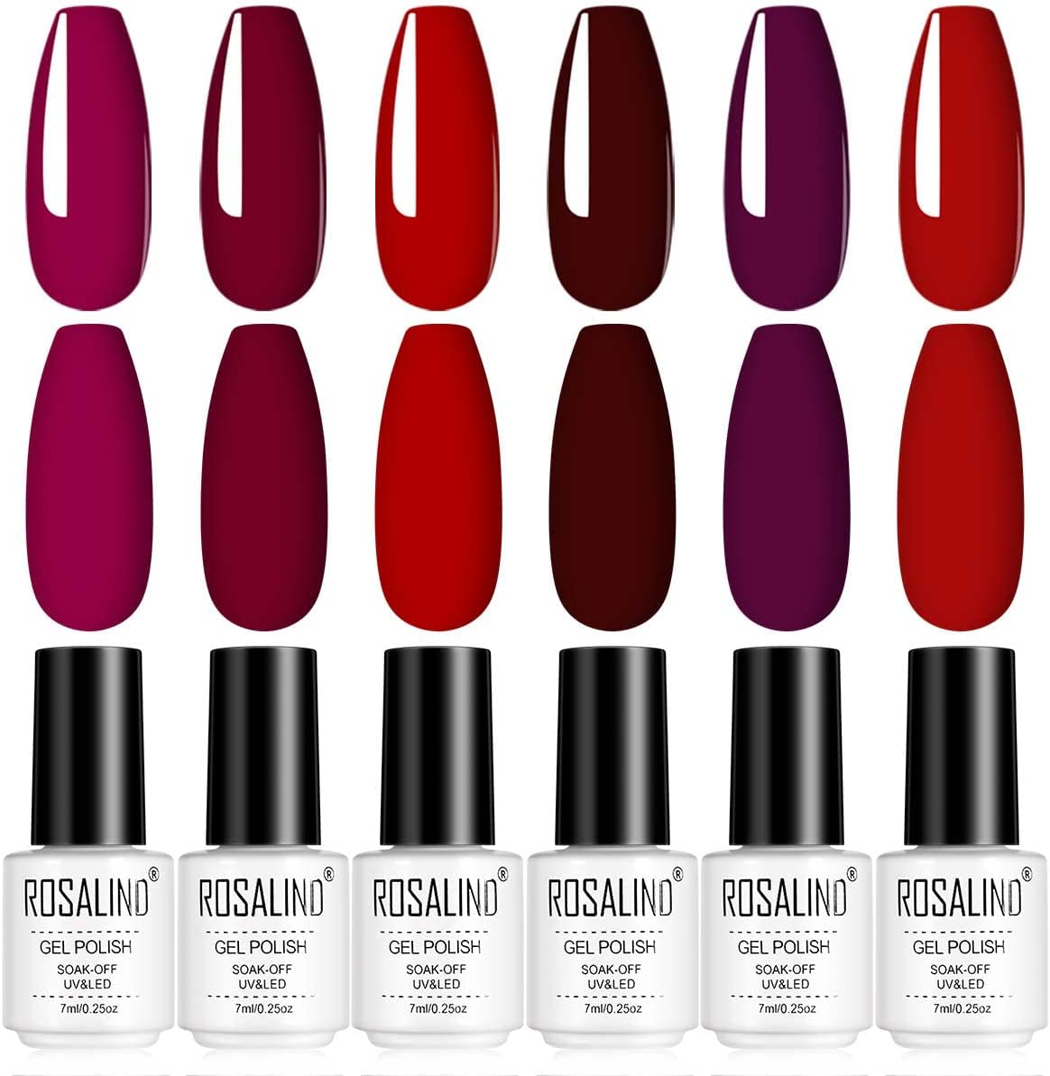 Frascos de verniz gel ROSALIND com amostras coloridas em brilho e fosco.