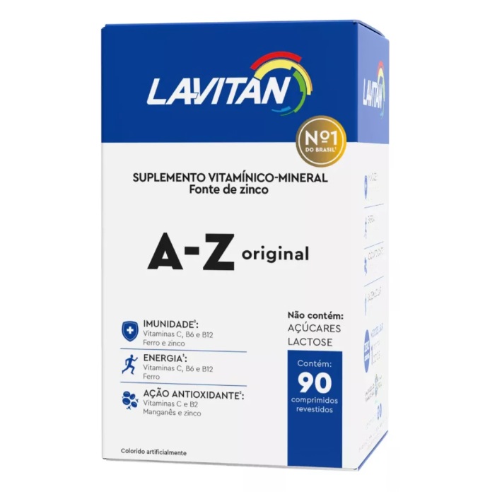 Embalagem azul e branca de suplemento vitamínico-mineral LAVITAN A-Z original com 90 comprimidos.
