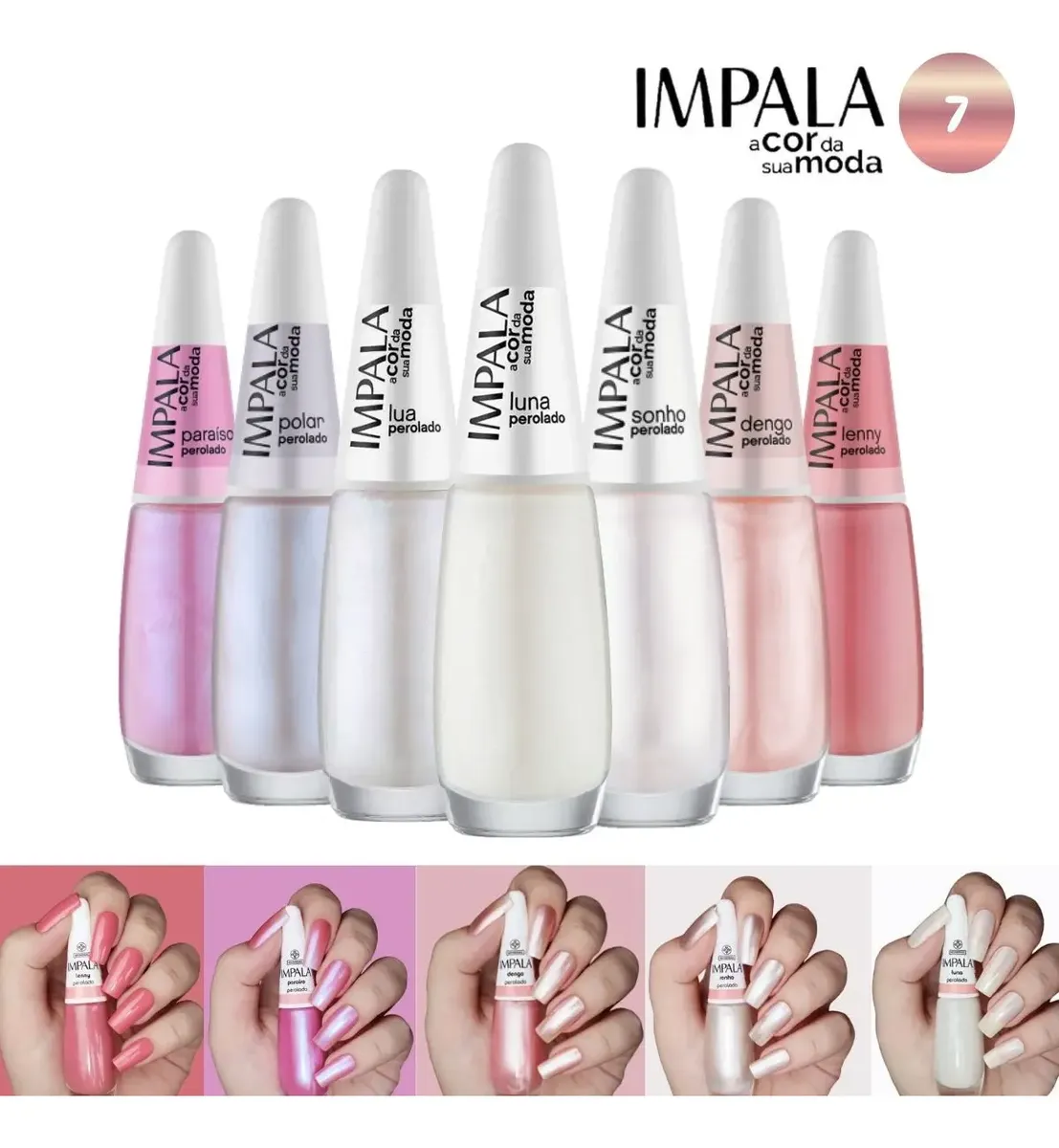Conjunto de vernizes Impala perolados em várias cores suaves com frascos e amostras nas unhas