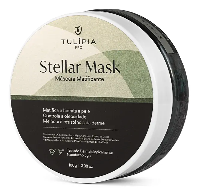 Frasco redondo de creme facial TULÍPIA PRO Stellar Mask Máscara Matificante com embalagem verde e preta