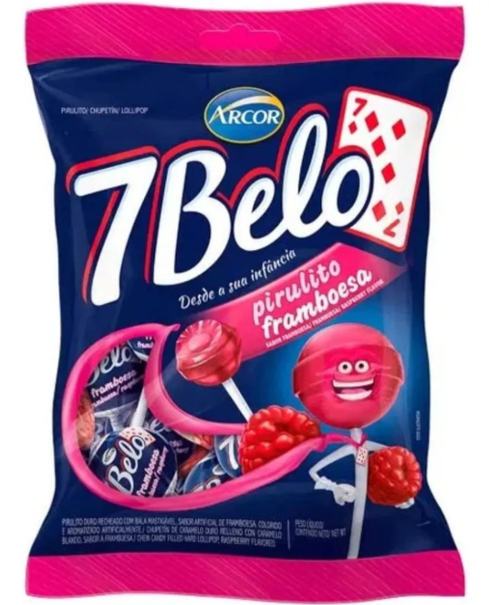 Pacote de pirulitos 7 Belo sabor framboesa com embalagem azul e rosa