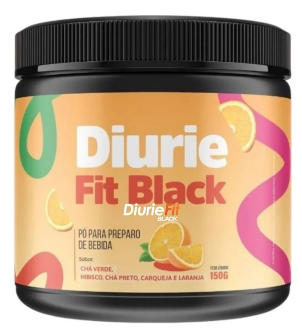 Frasco preto com rótulo laranja com texto Diurie Fit Black e imagens de laranja