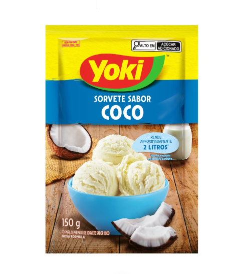 Pacote de sorvete sabor coco Yoki com texto e imagem do produto