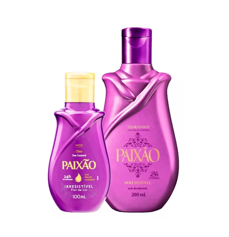 Dois frascos rosa metálico de óleo corporal e leite hidratante PAIXÃO com tampa amarela e rosa.