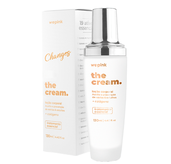 Loção corporal wepink the cream em frasco branco com tampa prateada e embalagem branca