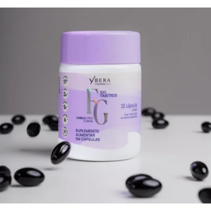 Frasco branco com tampa lilás de suplemento alimentar Ybera 100 Tretros TG com cápsulas negras à volta