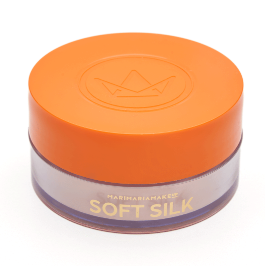 Pote de plástico translúcido com tampa laranja e texto dourado SOFT SILK