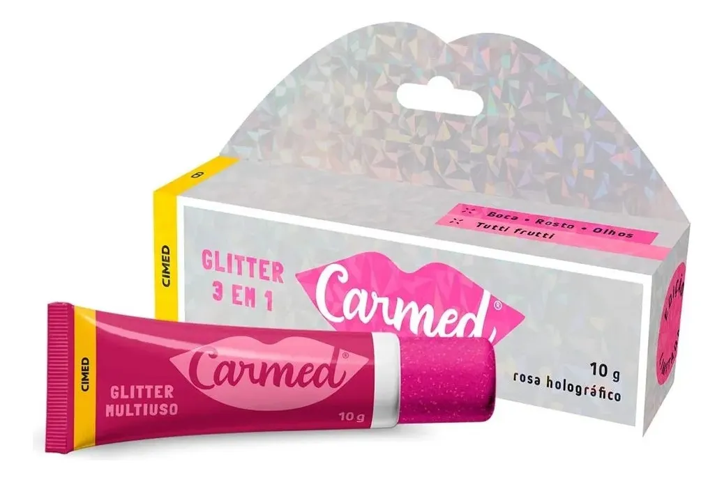 Glitter multiuso Carmed em tubo rosa holográfico e caixa branca com detalhes brilhantes