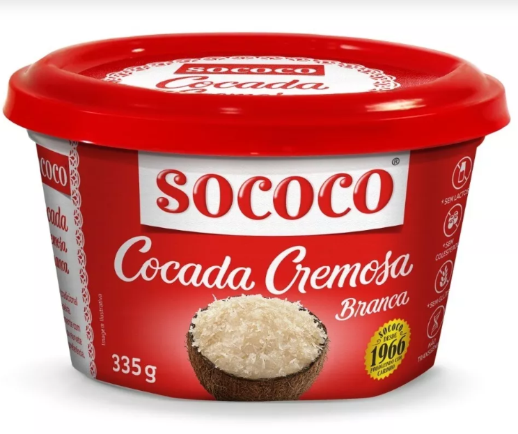 Embalagem vermelha de cocada cremosa branca Sococo 335 g