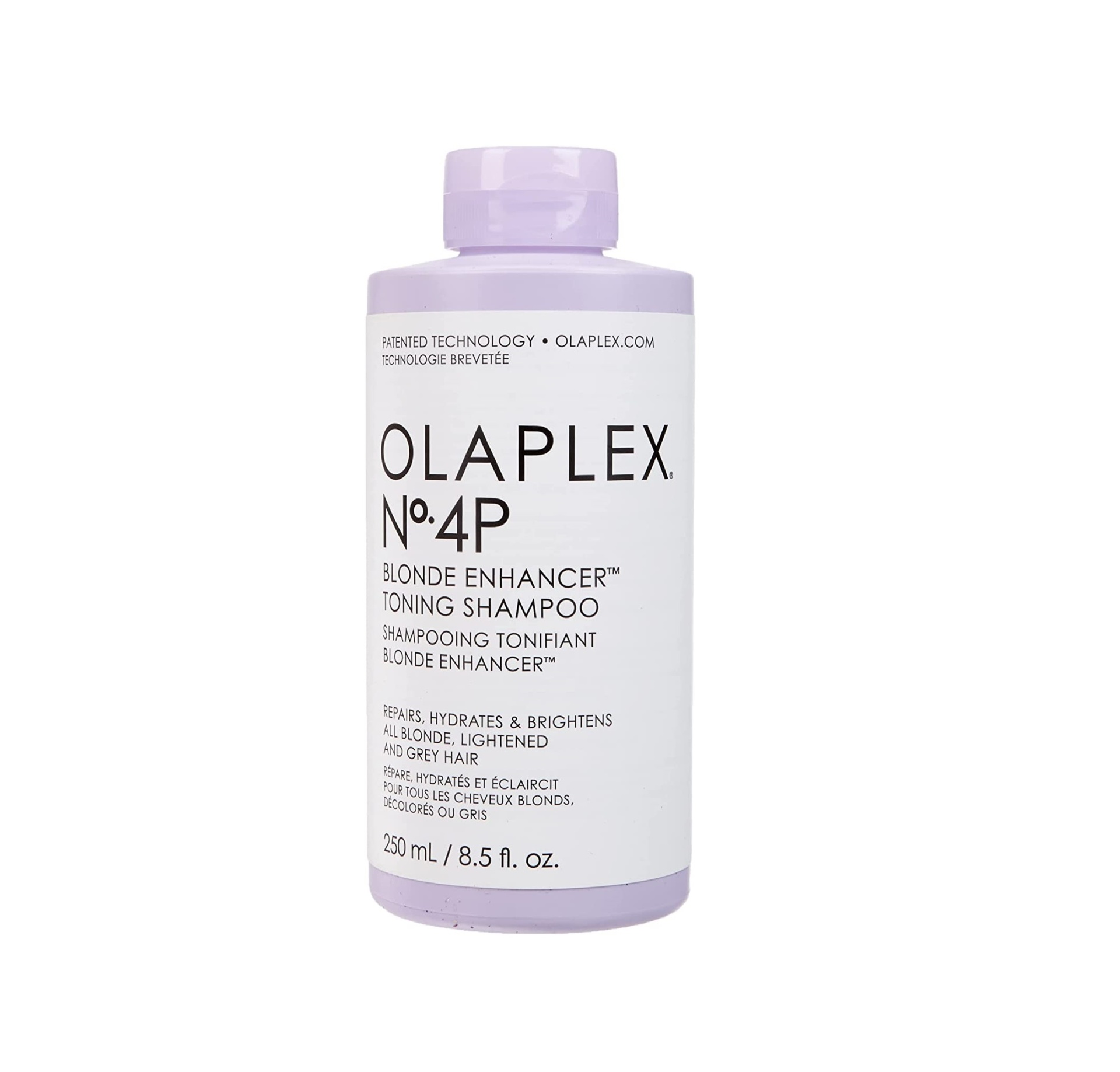Frasco lilás de xampu Olaplex Nº 4P com texto preto