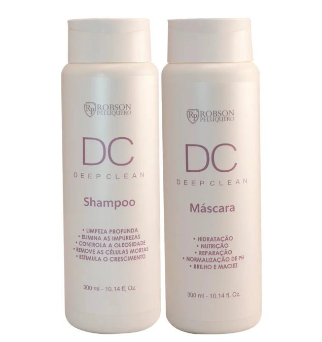 Frascos brancos de Shampoo e Máscara Robson Peluquero DC Deep Clean