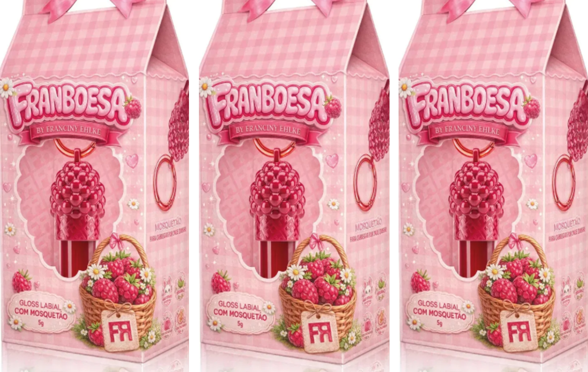 Embalagem rosa com padrão xadrez para gloss labial Franboesa com framboesa e cesto de flores