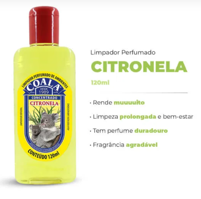 Frasco amarelo de limpador perfumado Coala citronela de 120ml com tampa vermelha e etiqueta com coalas