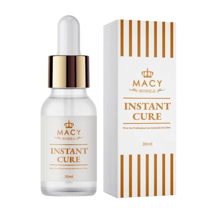 Frasco de vidro com conta-gotas e embalagem branca com riscas douradas do produto MACY KOREA INSTANT CURE