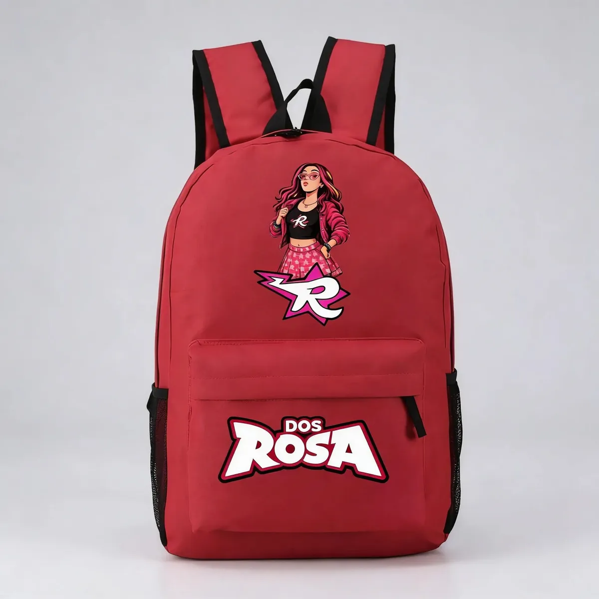 Mochila vermelha com estampa de rapariga e texto DOS ROSA