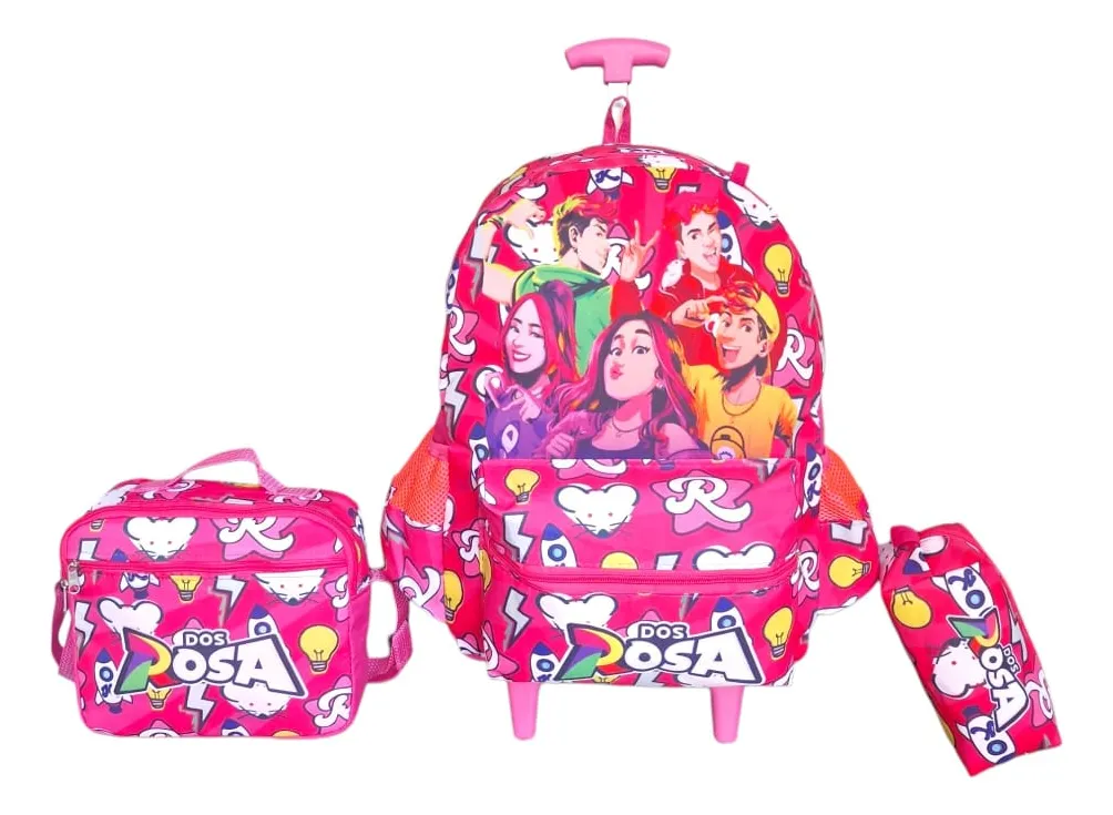 Mochila, estojo e mochila pequena cor-de-rosa com personagens coloridos e texto DOS POSA