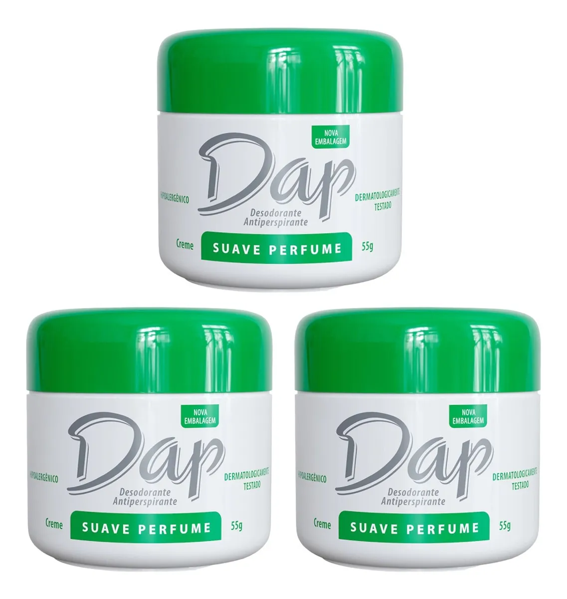 Três frascos de desodorizante antitranspirante Dap com tampa verde e corpo branco
