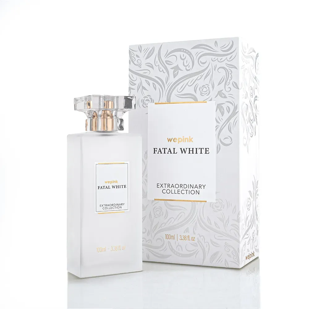 Perfume Fatal White da coleção Extraordinary da marca Wepink com embalagem e frasco branco