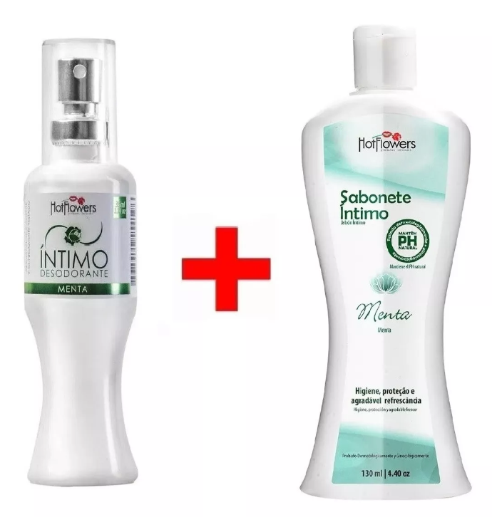 Produtos Hotflowers para higiene íntima com menta, frascos brancos, texto em verde e cruz vermelha entre eles.