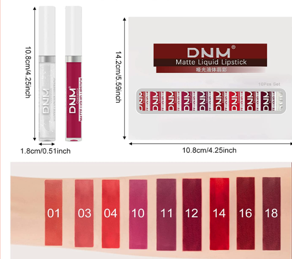 Conjunto de batons líquidos mate DNM com 10 cores numeradas em embalagem branca.