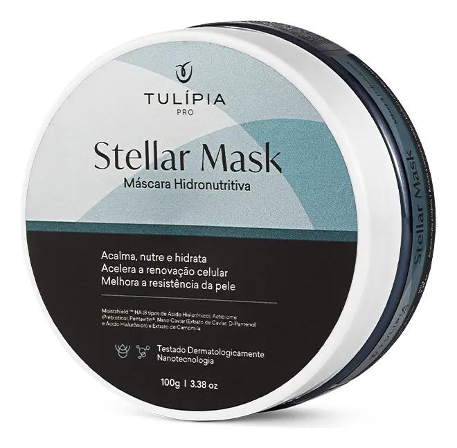 Embalagem redonda branca da Stellar Mask da TULÍPIA PRO com texto descritivo em português