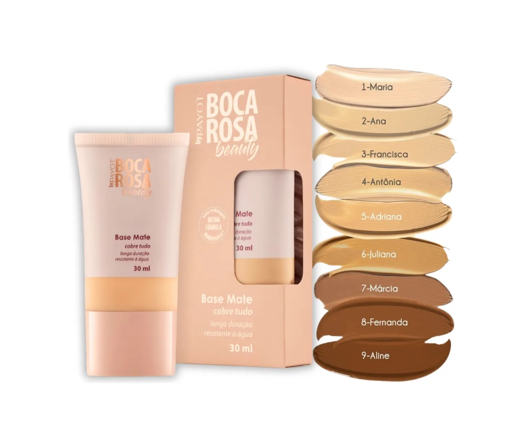 Base mate Boca Rosa Beauty com embalagem e amostras de 9 cores