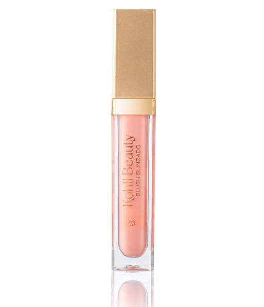 Blush líquido rosa claro em frasco transparente com tampa dourada