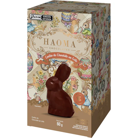 Caixa de chocolates Haoma decorada com coelho de chocolate ao leite e ilustrações pascais