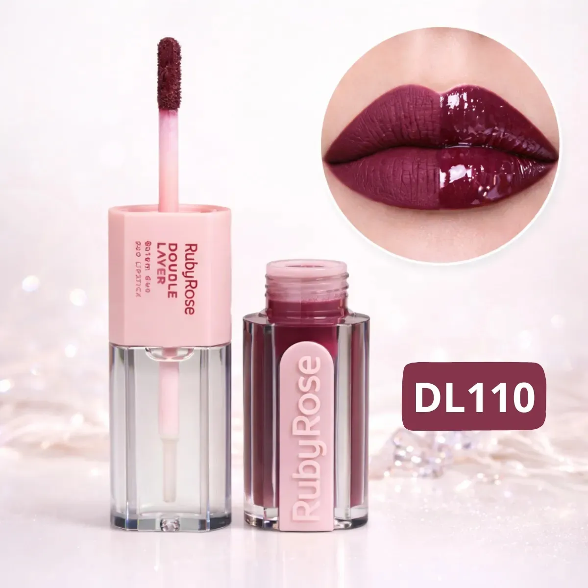 Batom líquido RubyRose Double Layer cor bordô DL110 com efeito matte e brilho.