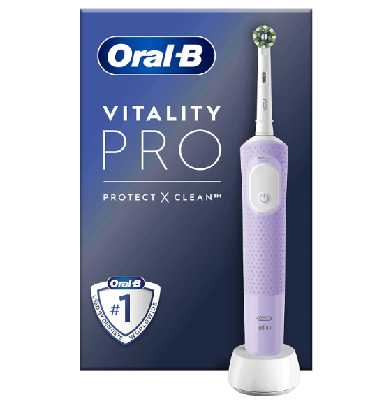 Escova de dentes elétrica lilás Oral-B Vitality Pro com embalagem azul