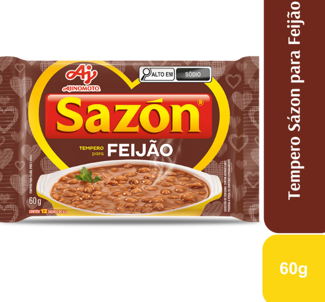 Embalagem de Tempero Sazón para Feijão com imagem de feijão cozido e rótulos informativos
